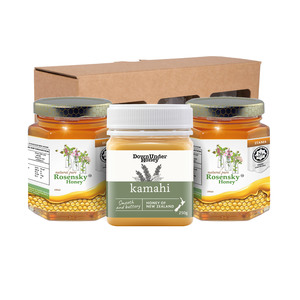 Golden Trio Honey Gift Pack with 3 premium bottles of Kelulut and Kamahi honey – luxury healthy gift set Malaysia