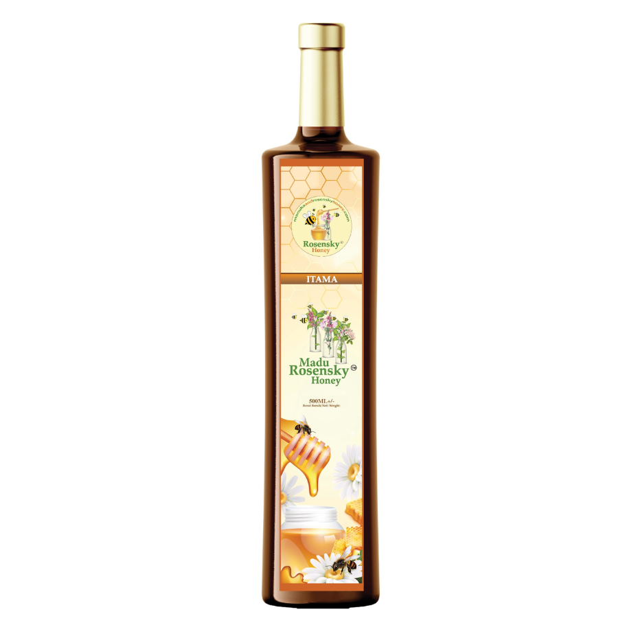Rosensky Stingless Bee Honey (Itama) 500ml bottle – pure, golden Kelulut honey in a premium glass bottle with natural health benefits.